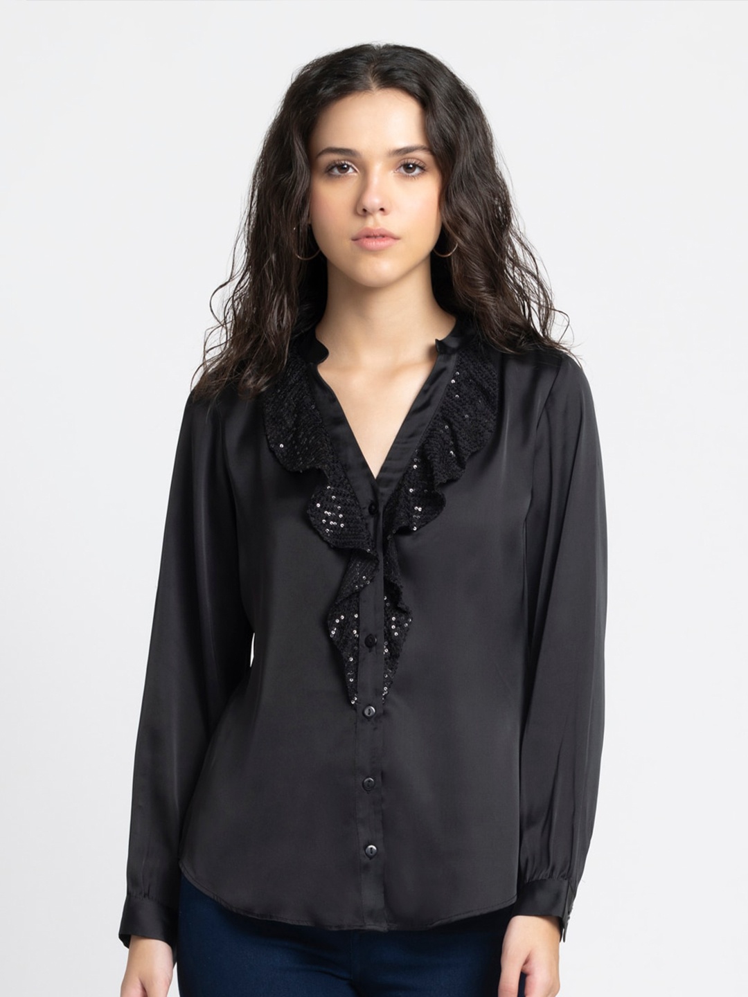

SHAYE Embellished Mandarin Collar Satin Shirt Style Top, Black