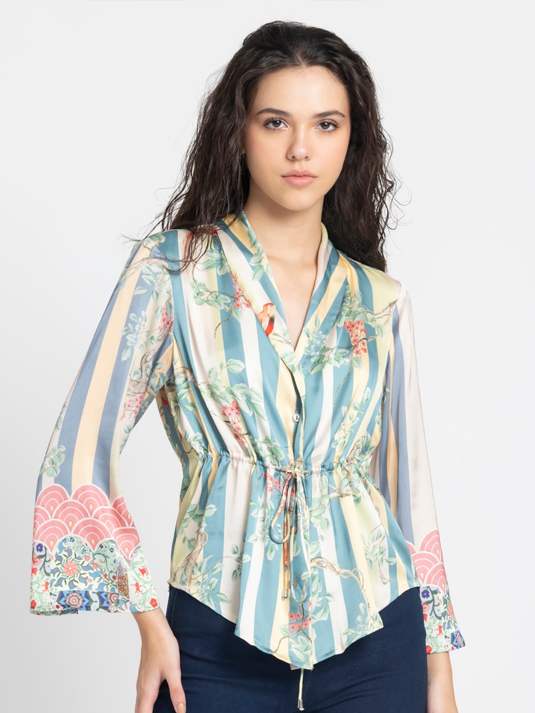 

SHAYE Floral Printed Shirt Style Top, Beige