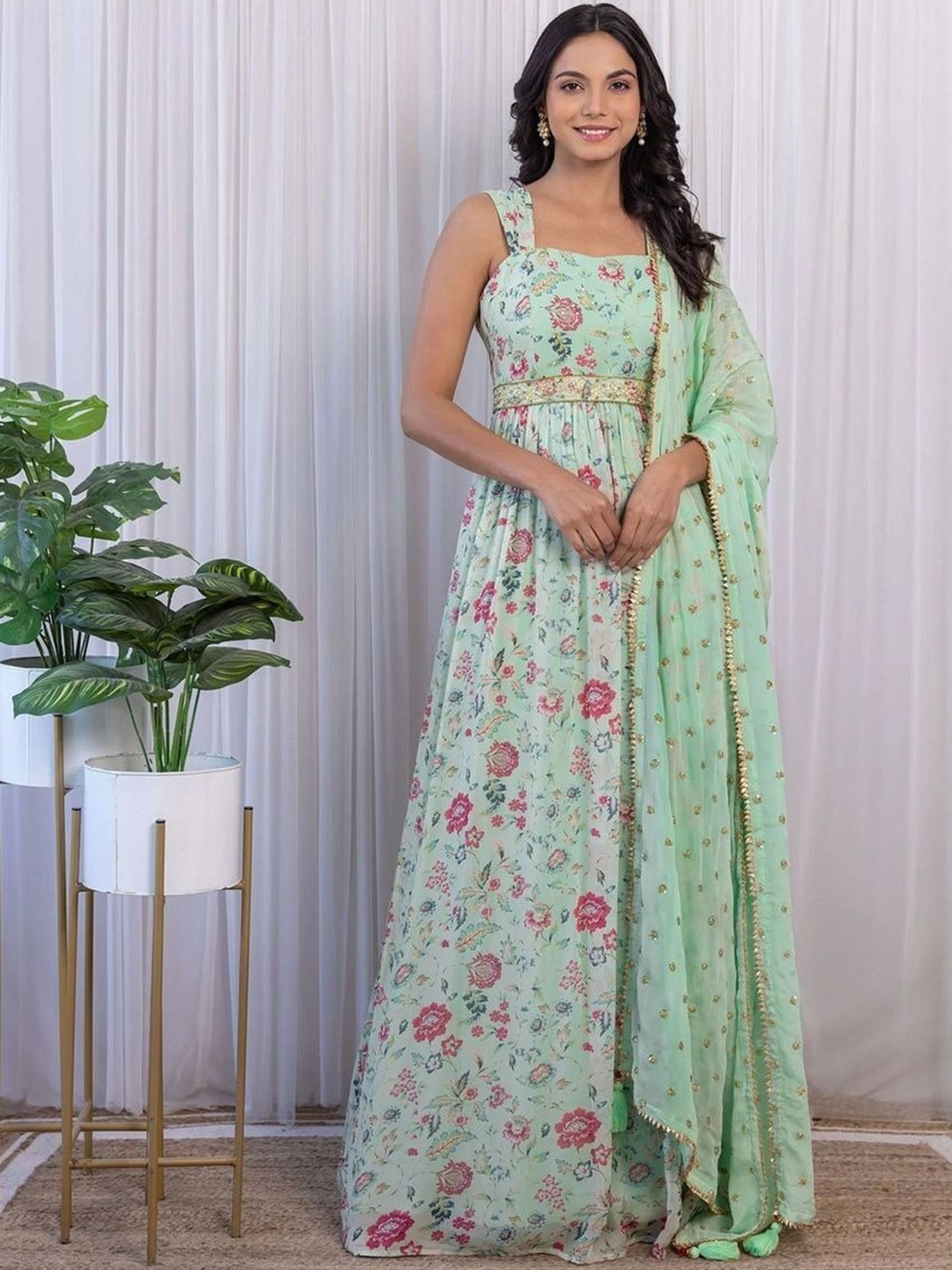 

KALINI Floral- Printed Shoulder Strap Maxi Ethnic Dress With Dupatta, Green