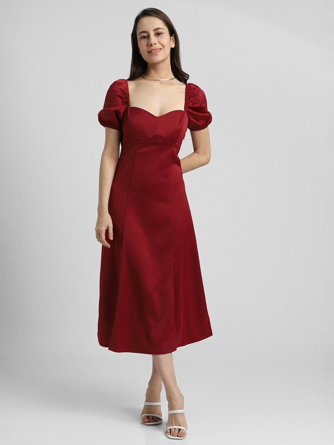 

FOREVER 21 Sweetheart Neck Puff Sleeve A-Line Midi Dress, Maroon