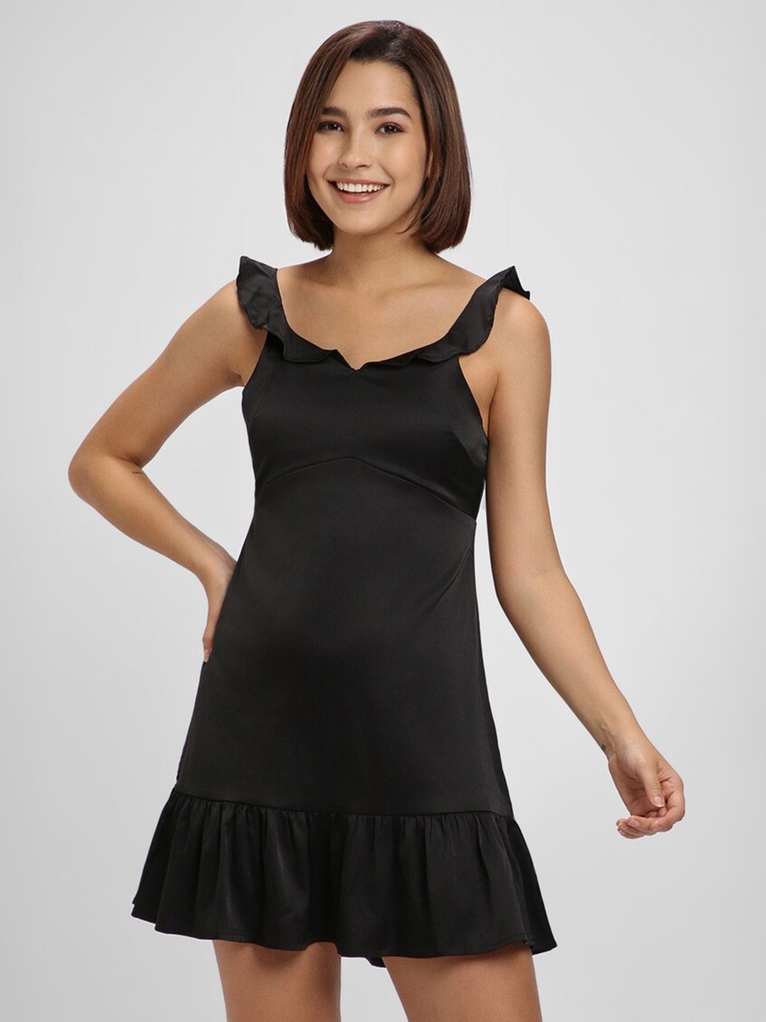 

FOREVER 21 Shoulder Straps Ruffles Detail Pure Cotton A-Line Mini Dress, Black