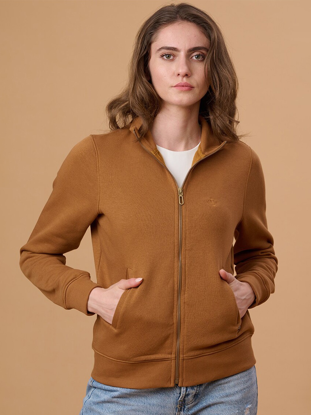 

Gipsy Mock Collar Front-Open Sweatshirt, Brown