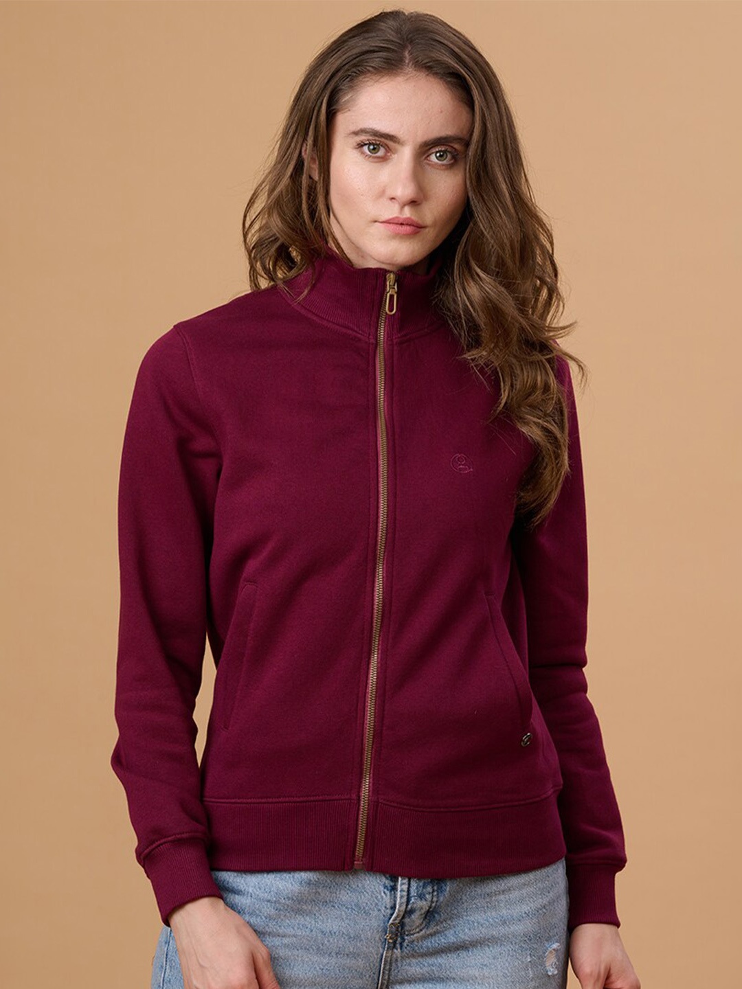 

Gipsy Mock Collar Front-Open Sweatshirt, Burgundy