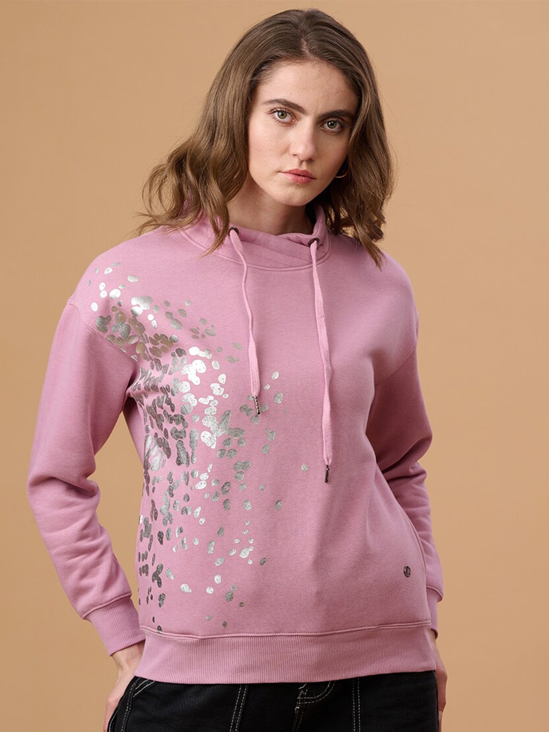 

Gipsy Graphic Printed Mock Collar Cotton Pullover, Pink