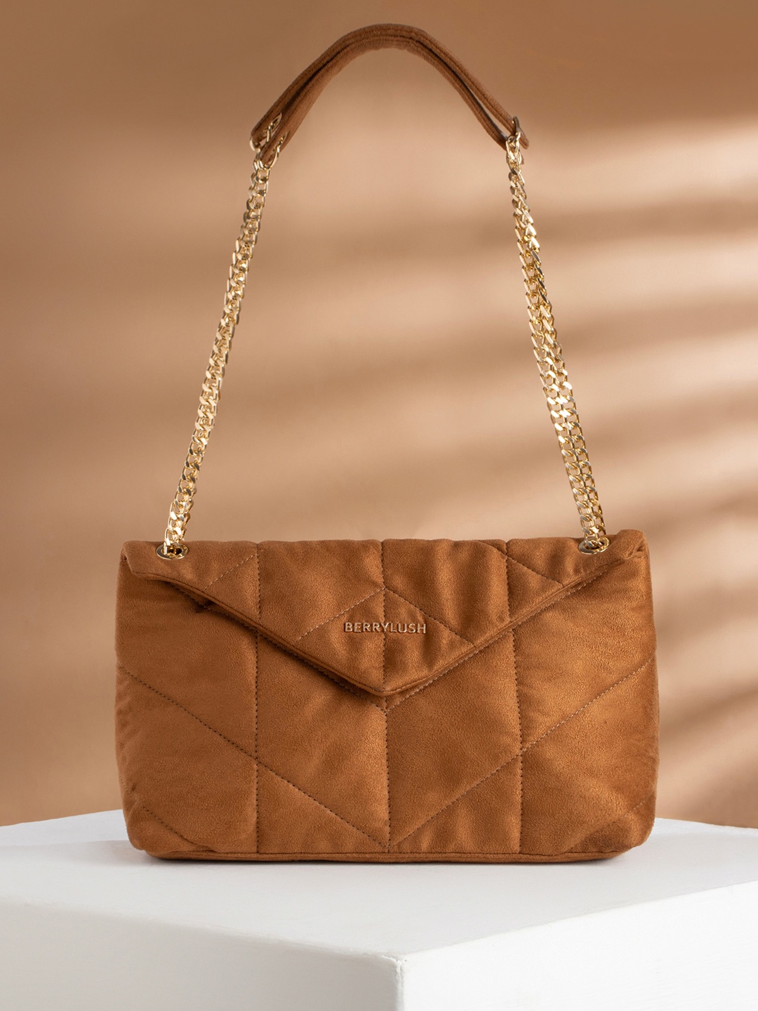 

Berrylush Brown Structured Quilted Shoulder Bag