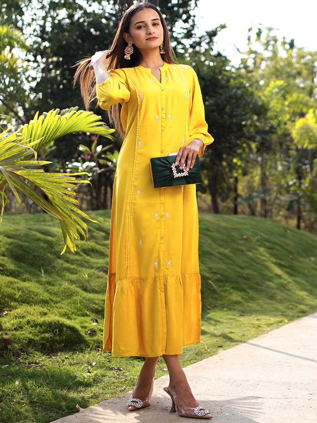 

Libas Ethnic Motifs Embroidered Puff Sleeve A-Line Ethnic Dress, Yellow