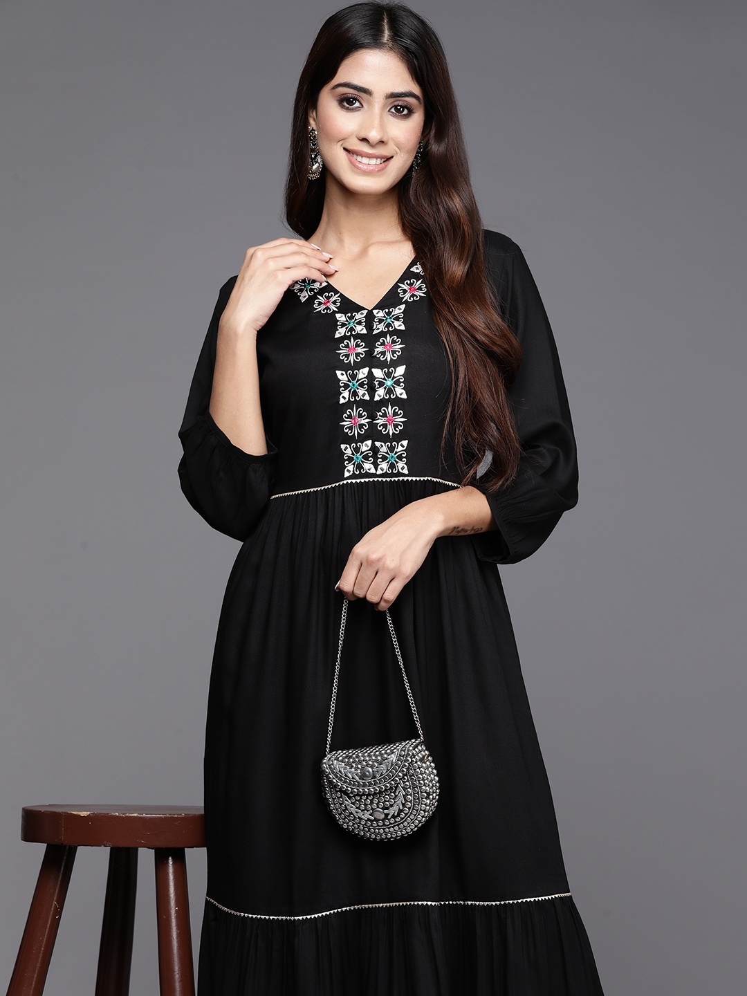 

Libas Ethnic Motifs Embroidered Puff Sleeve A-Line Ethnic Dress, Black