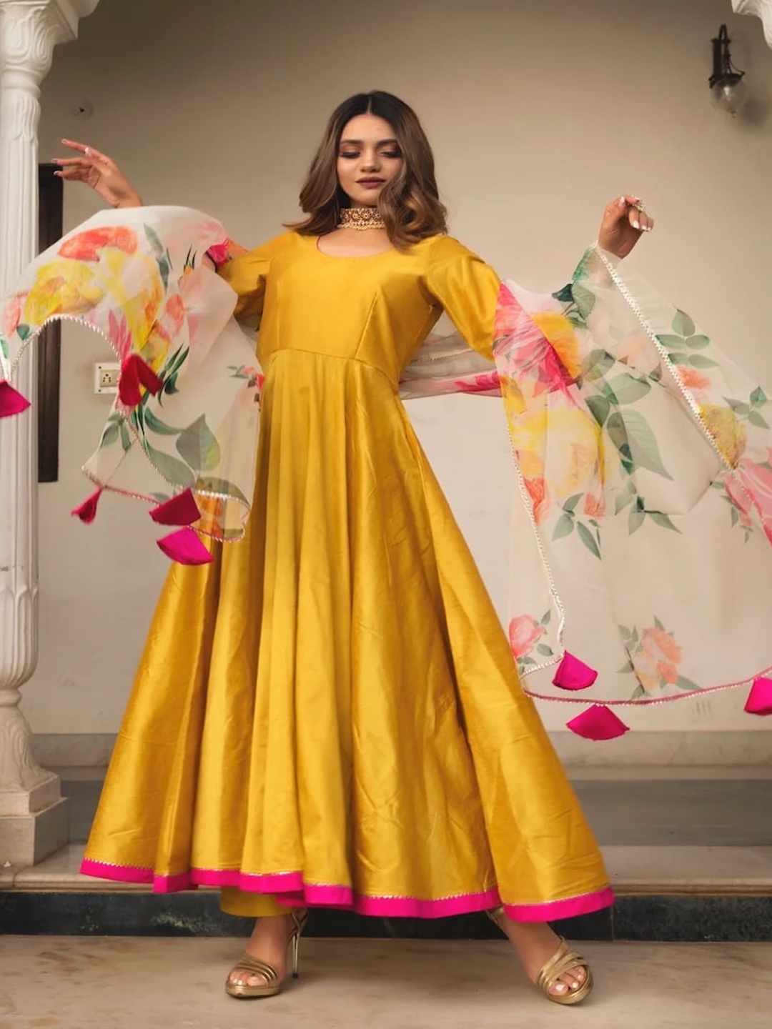 

Pomcha Gotta Patti Detail Anarkali Kurta With Trousers And Dupatta, Yellow