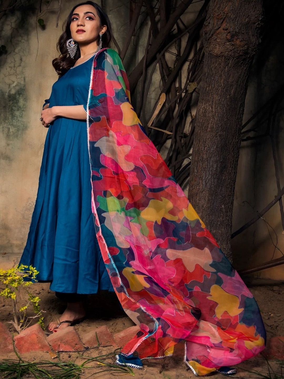 

Pomcha Gotta Patti Detail Anarkali Kurta With Trousers And Dupatta, Blue