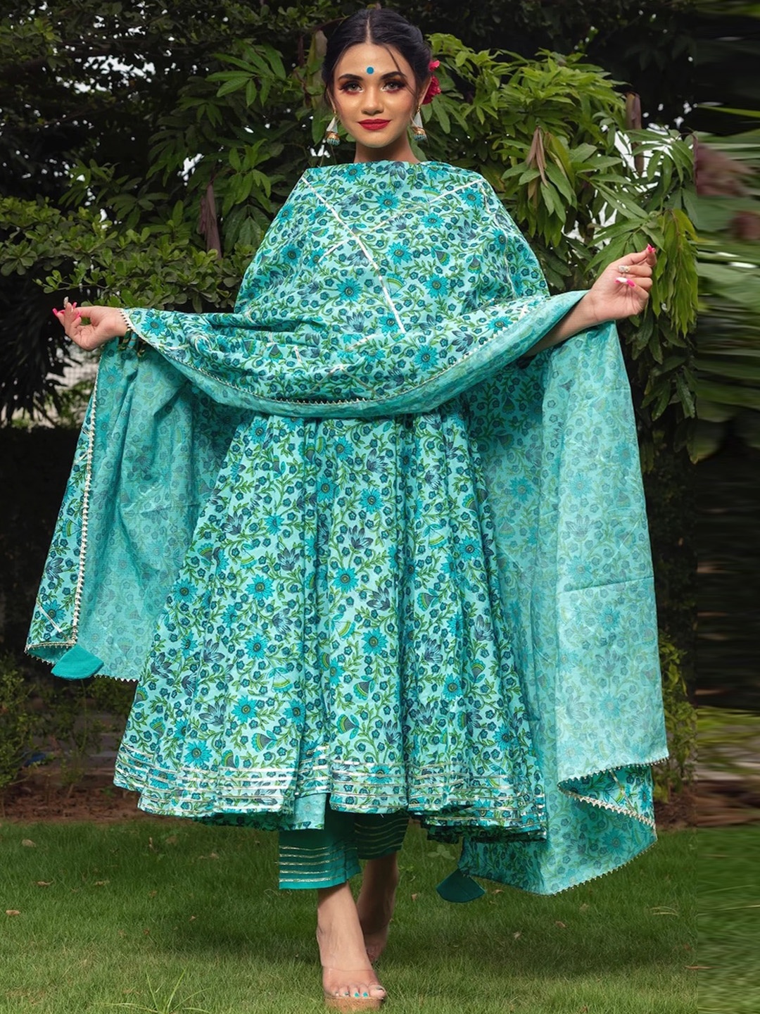 

Pomcha Floral Printed Anarkali Gotta Patti Kurta With Trousers & Dupatta, Green