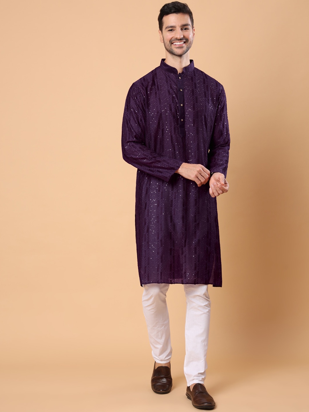 

House of Pataudi Ethnic Motifs Embroidered Sequins Straight Kurta, Purple