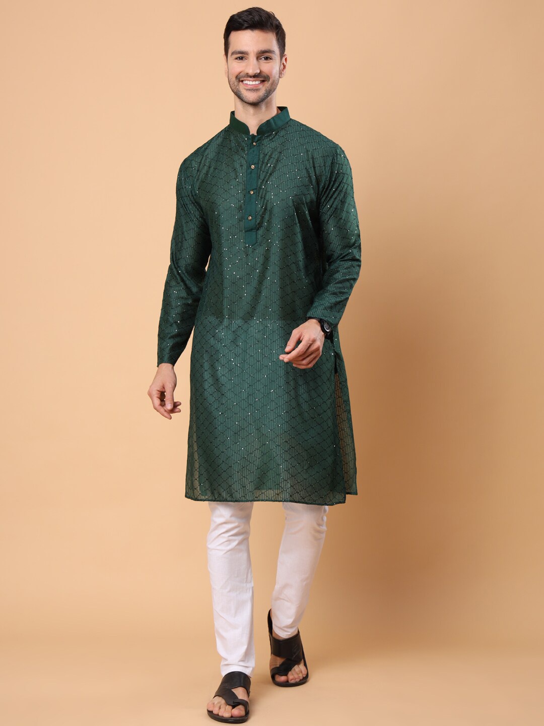 

House of Pataudi Green Embroidered Mandarin Collar Long Sleeve Sequins Straight Kurtas