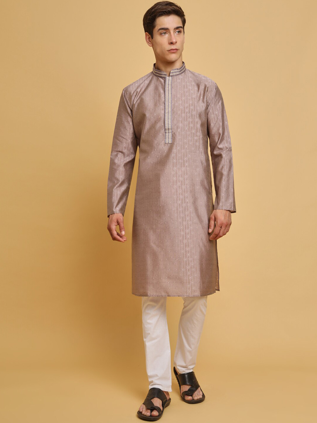 

House of Pataudi Floral Embroidered Chanderi Cotton Straight Kurta, Purple