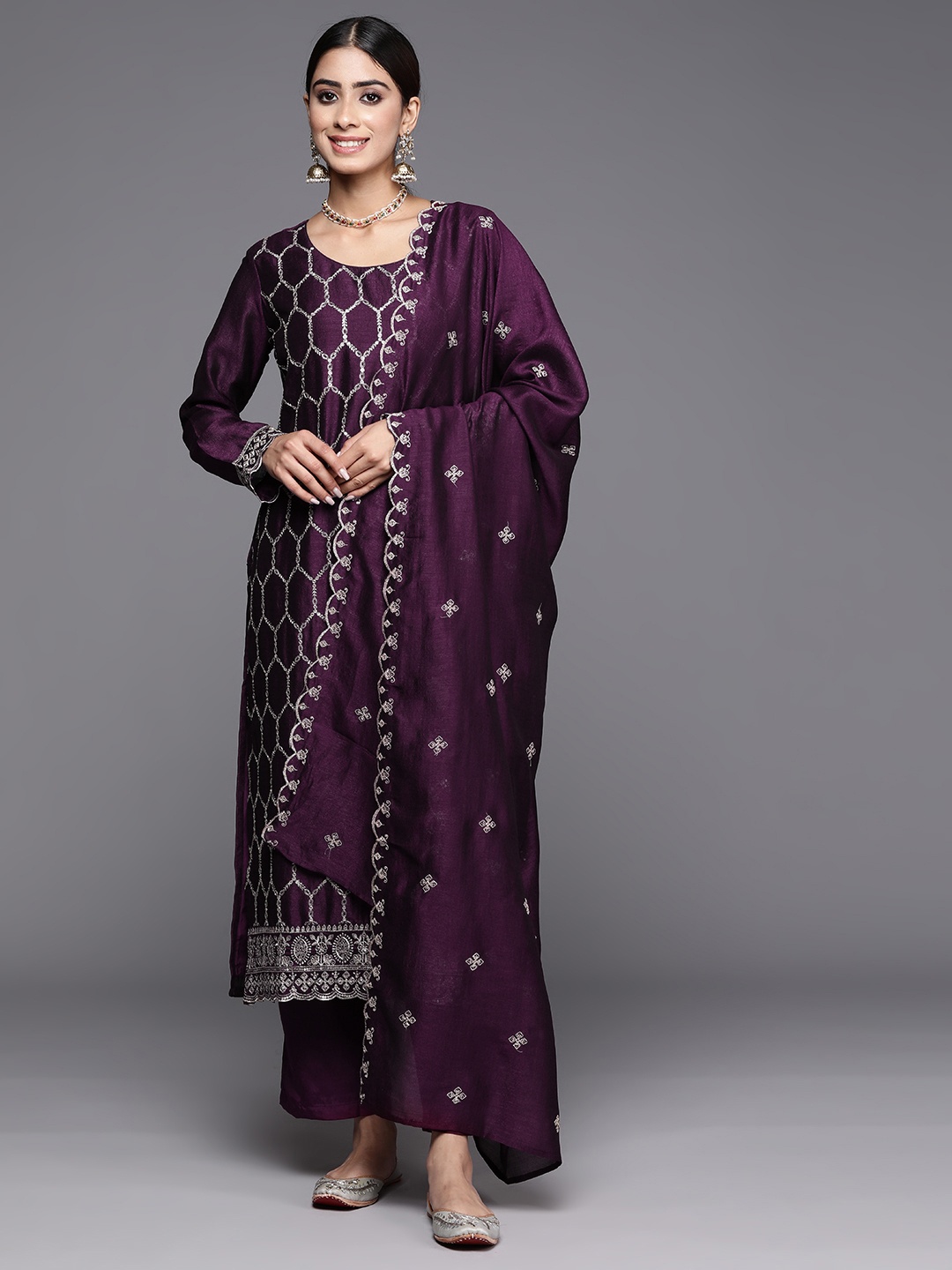 

Libas Embroidered Regular Sequinned Kurta with Trousers & Dupatta, Purple