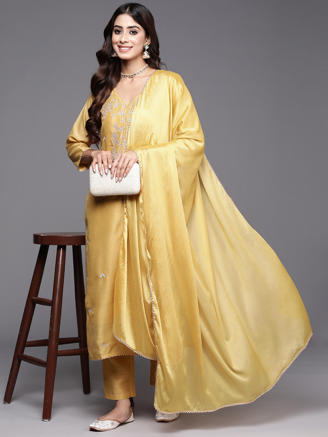 

Libas Floral Embroidered Regular Gotta Patti Chanderi Silk Kurta with Trousers & Dupatta, Yellow
