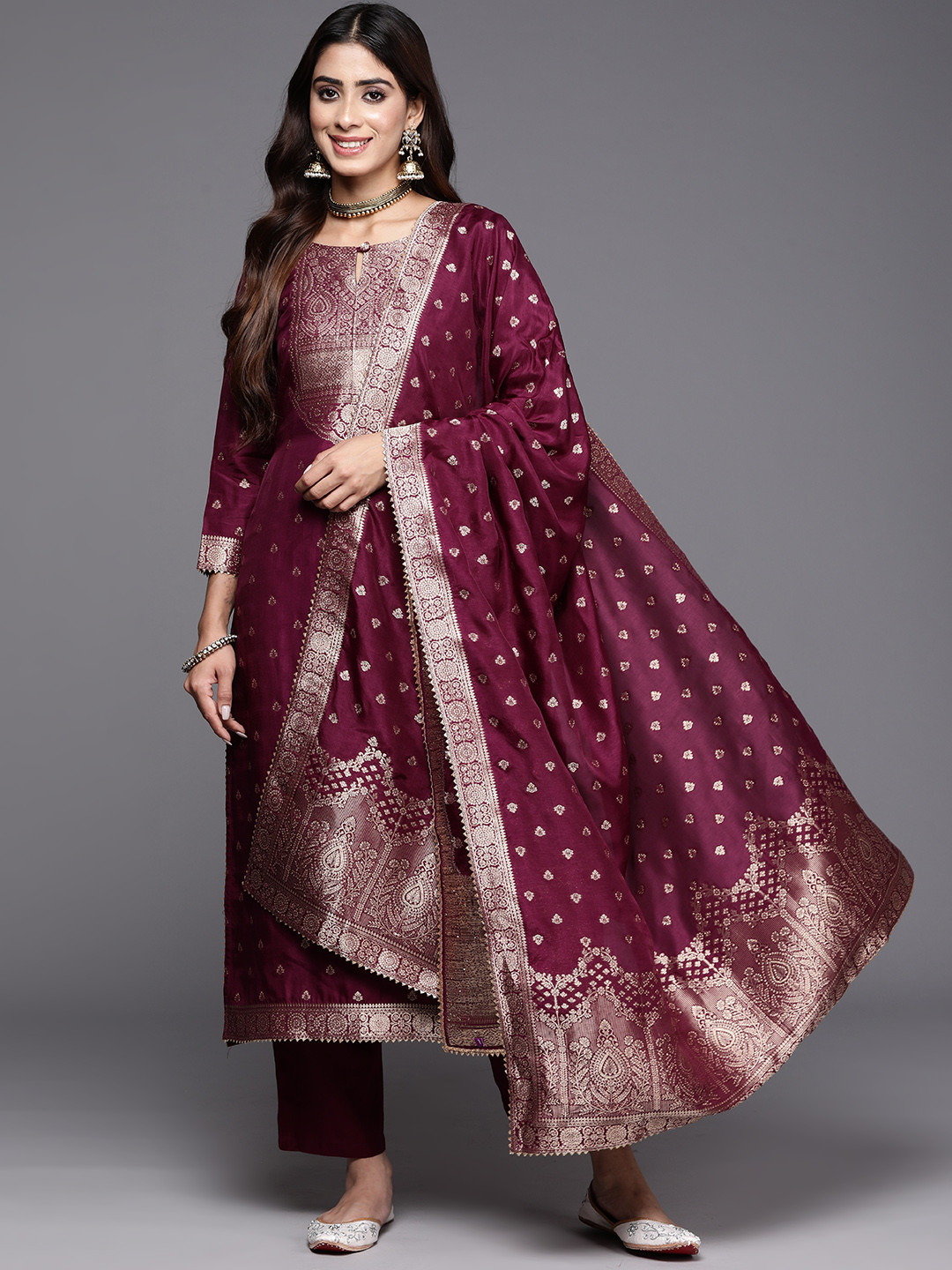 

Libas Ethnic Motifs Zari Regular Pure Silk Kurta with Trousers & Dupatta, Purple