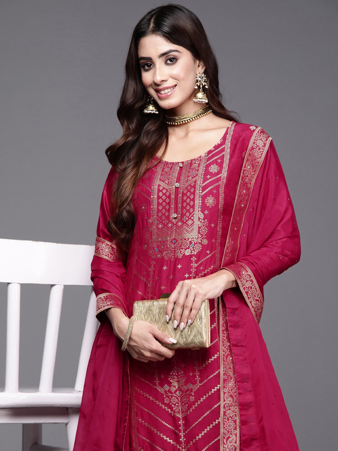 

Libas Ethnic Motifs Zari Jacquard Regular Kurta with Palazzos & Dupatta, Pink