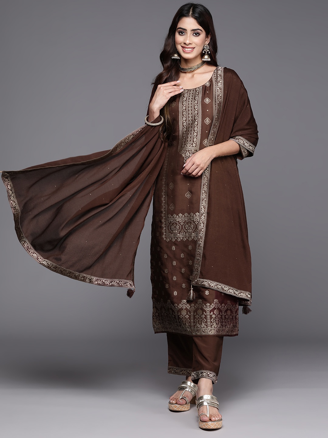 

Libas Ethnic Motifs Zari Regular Kurta with Trousers & Dupatta, Brown