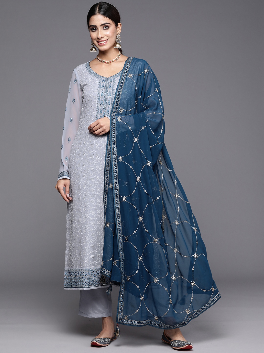 

Libas Floral Embroidered Regular Thread Work Kurta with Trousers & Dupatta, Blue
