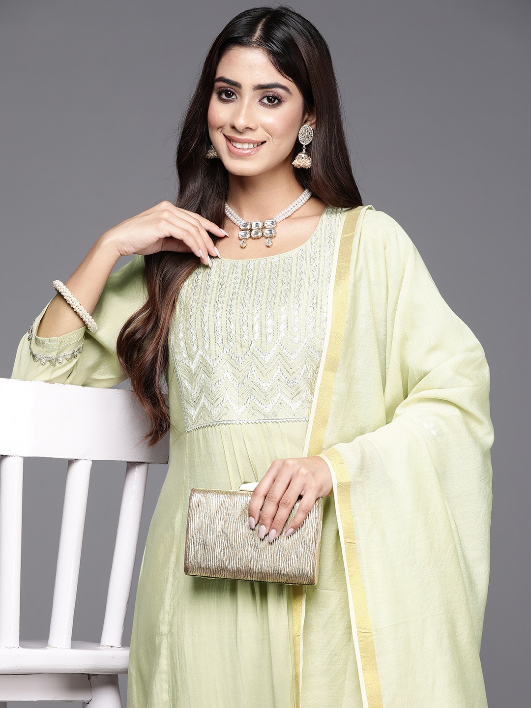 

Libas Embroidered Regular Gotta Patti Kurta with Trousers & Dupatta, Sea green