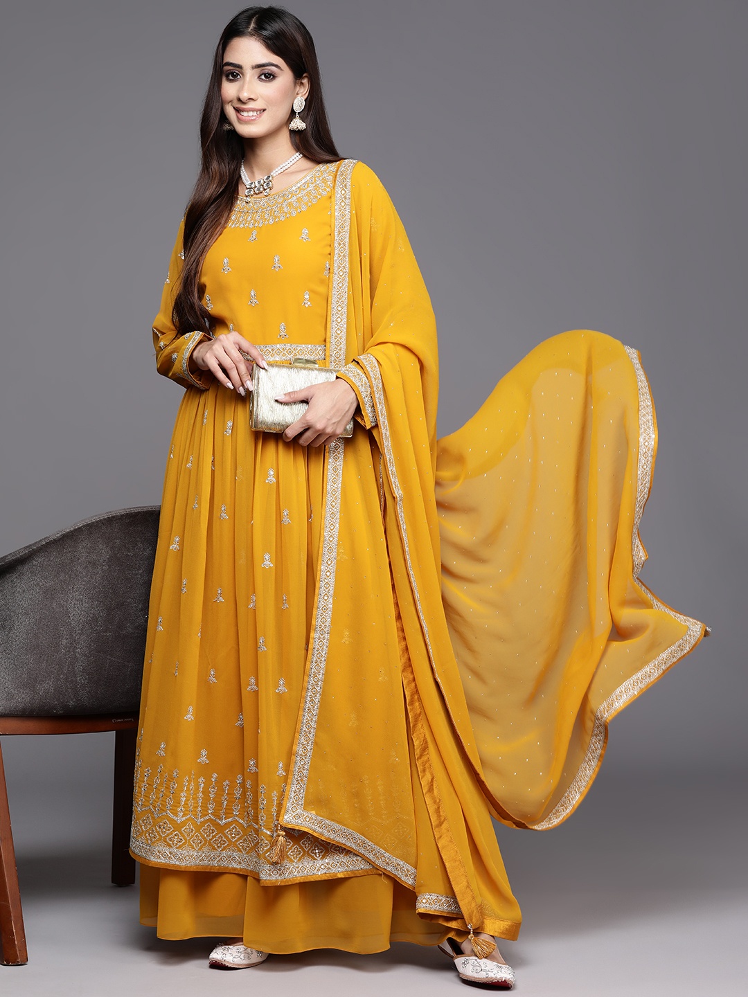 

Libas Floral Embroidered High Slit Sequinned Kurta with Palazzos & Dupatta, Mustard