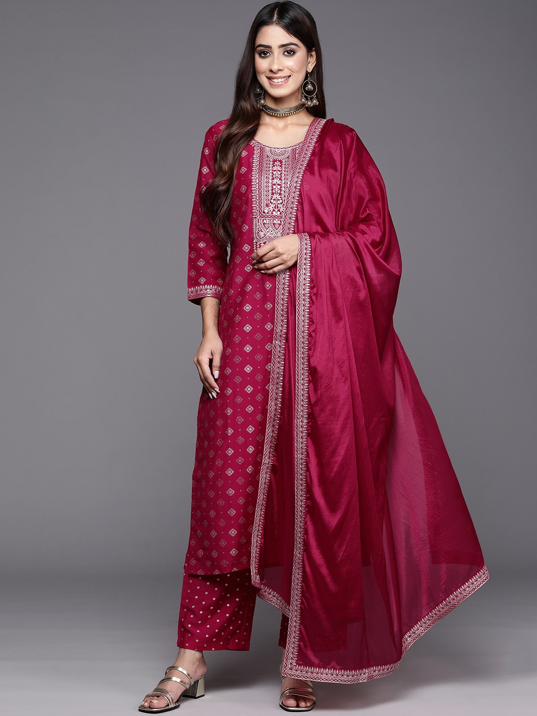 

Libas Ethnic Motifs Regular Kurta with Trousers & Dupatta, Pink