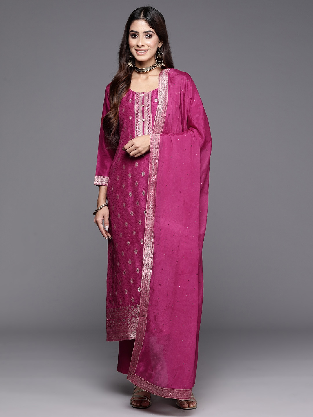 

Libas Ethnic Motifs Woven Design Zari Regular Kurta with Trousers & Dupatta, Maroon