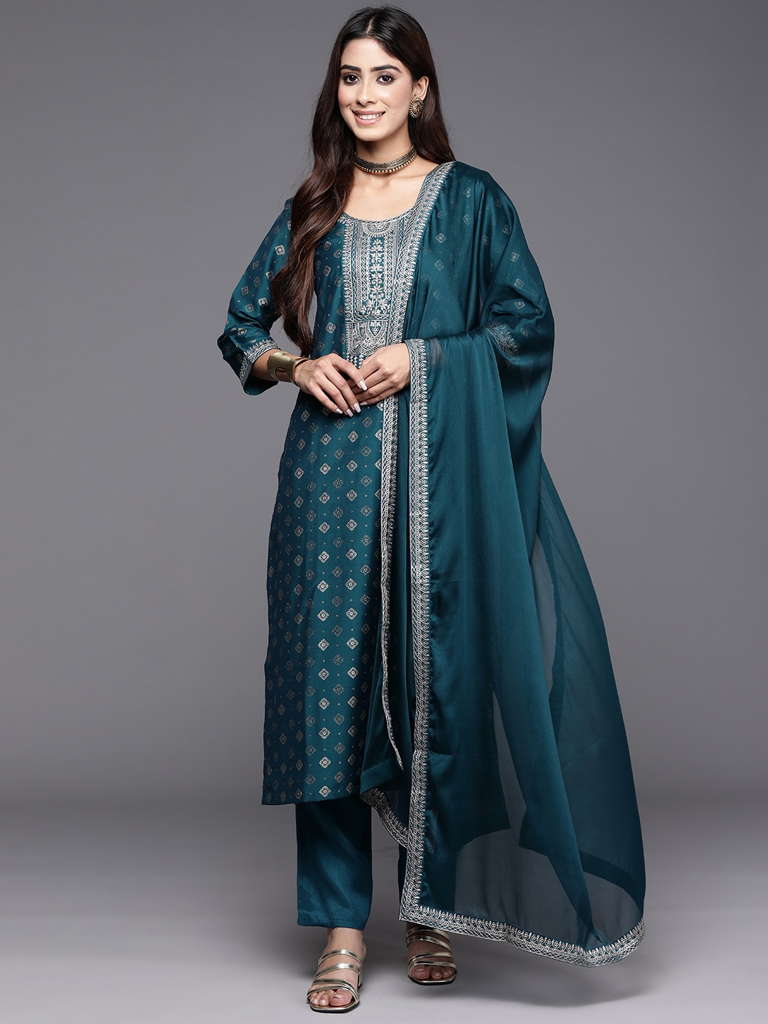 

Libas Ethnic Motifs Printed Zari Regular Kurta with Trousers & Dupatta, Teal