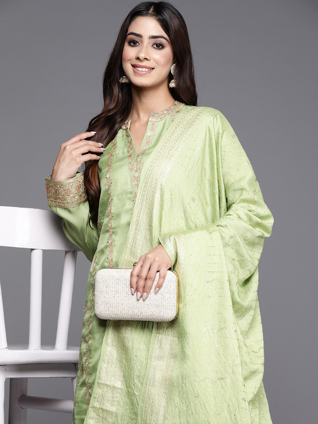 

Libas Paisley Embroidered Zari Regular Kurta with Trousers & Dupatta, Sea green
