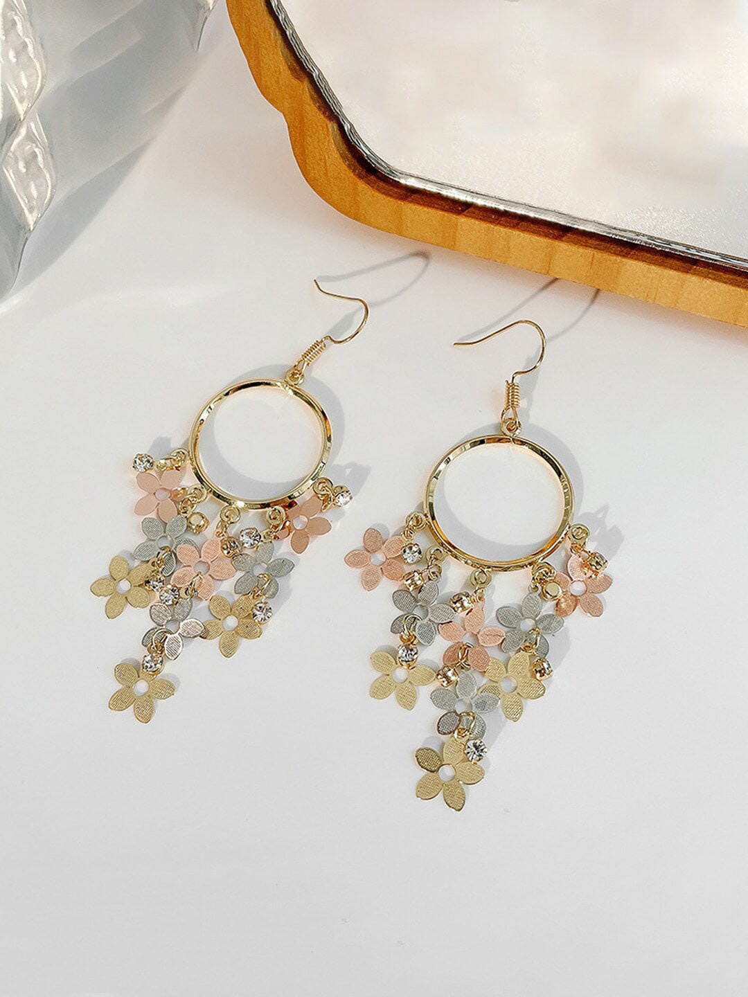 

DressBerry Gold-Plated Crystals-Studded Floral Drop Earrings