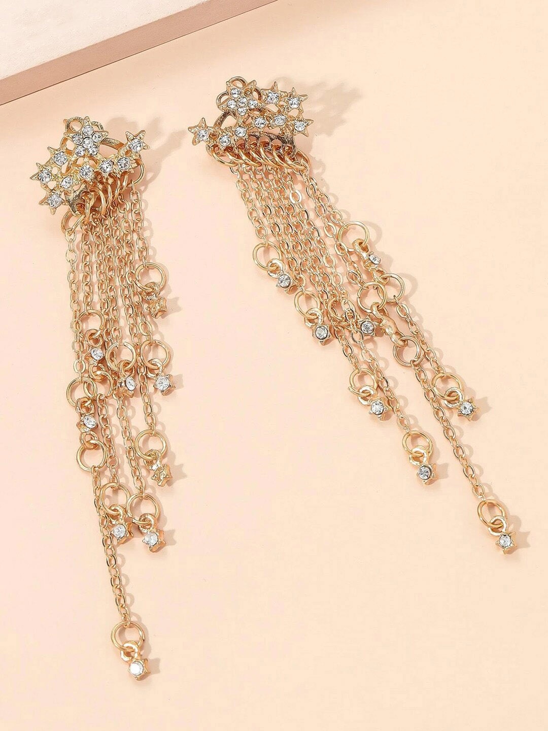 

DressBerry Gold-Toned Gold-Plated Crystal Studded Tasselled Drop Earrings