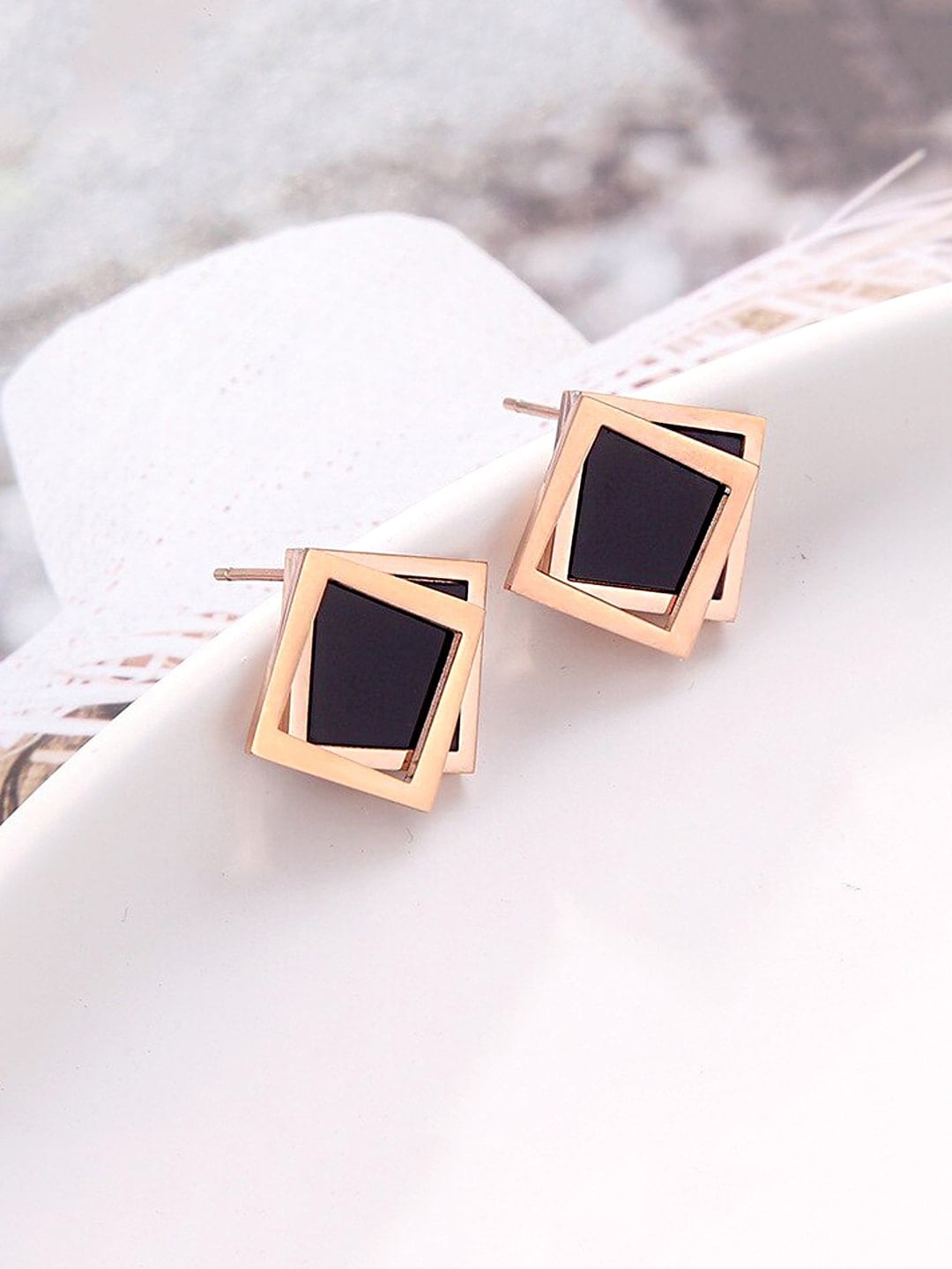

DressBerry Rose Gold Toned Stainless Steel Crystal Studded Geometric Studs