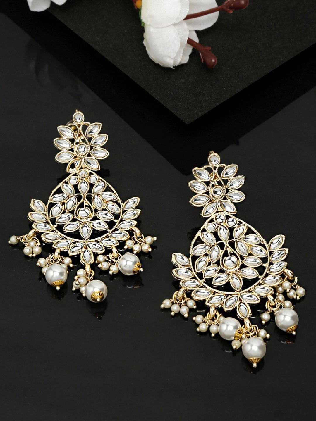 

Anouk Gold-Plated Crescent Shaped Kundan Studded & Beaded Chandbalis