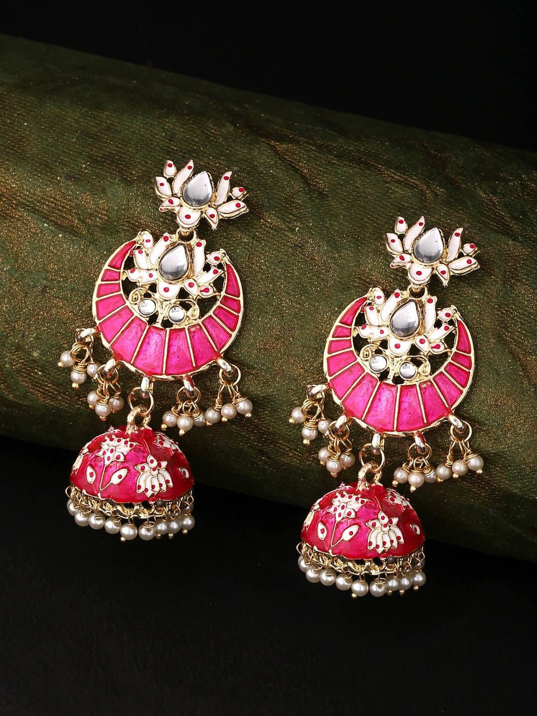 

Anouk Gola-Plated & Pink Kundan Studded Meenakari Dome Shaped Jhumkas, Gold
