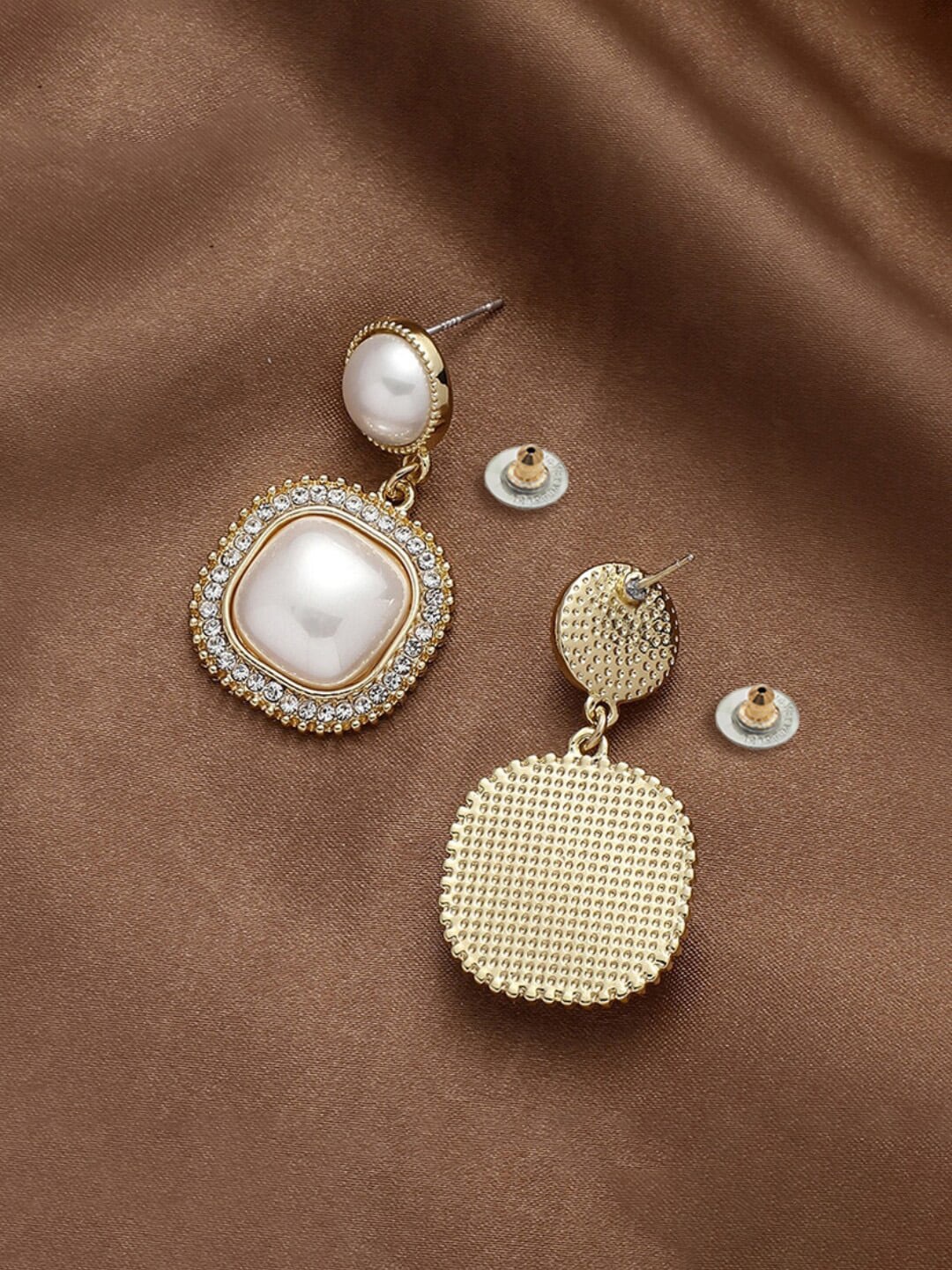 

Anouk Gold-Plated & White Stone-Studded & Pearl Studded Contemporary Drop Earrings