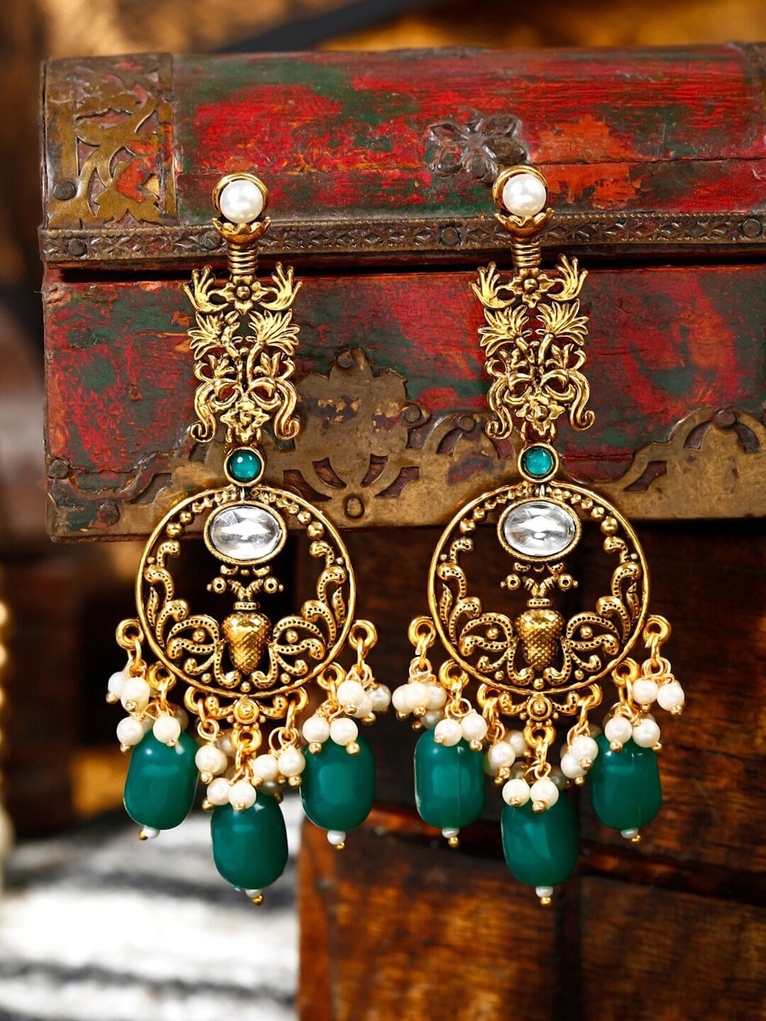 

Anouk Gold-Plated Oxidised Crystal Studded & Pearl Beaded Dangler Drop Earrings