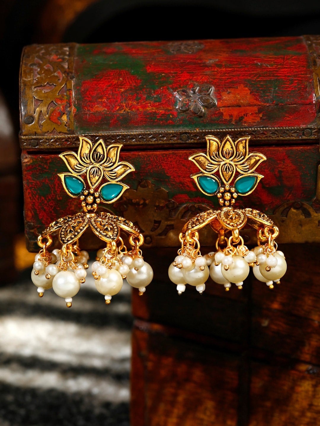 

Anouk Gold-Plated & Green Floral Designed Crystal-Studded & Beaded Jhumkas