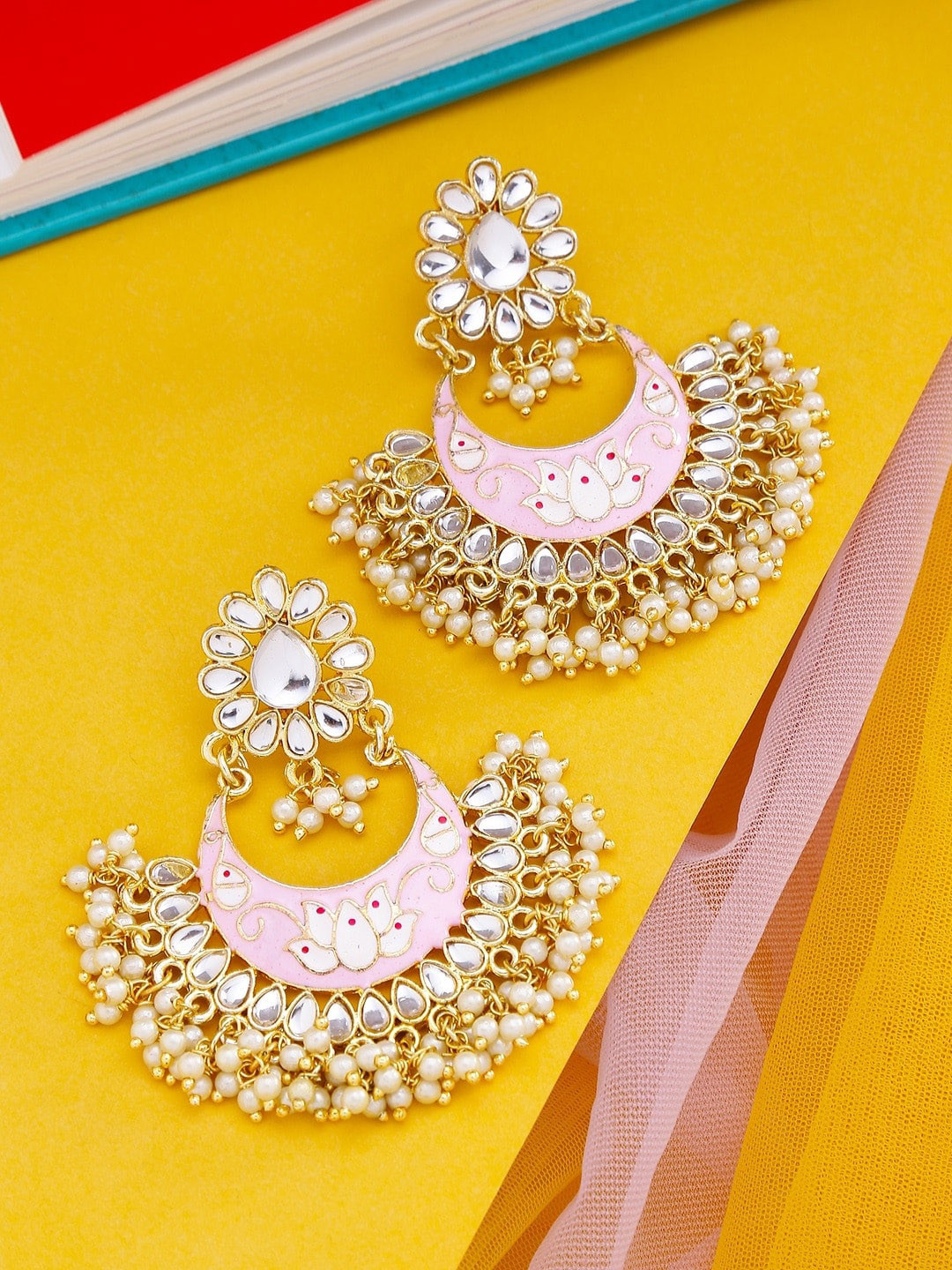 

Anouk Gold Plated Contemporary Kundan Studded & Beaded Chandbalis