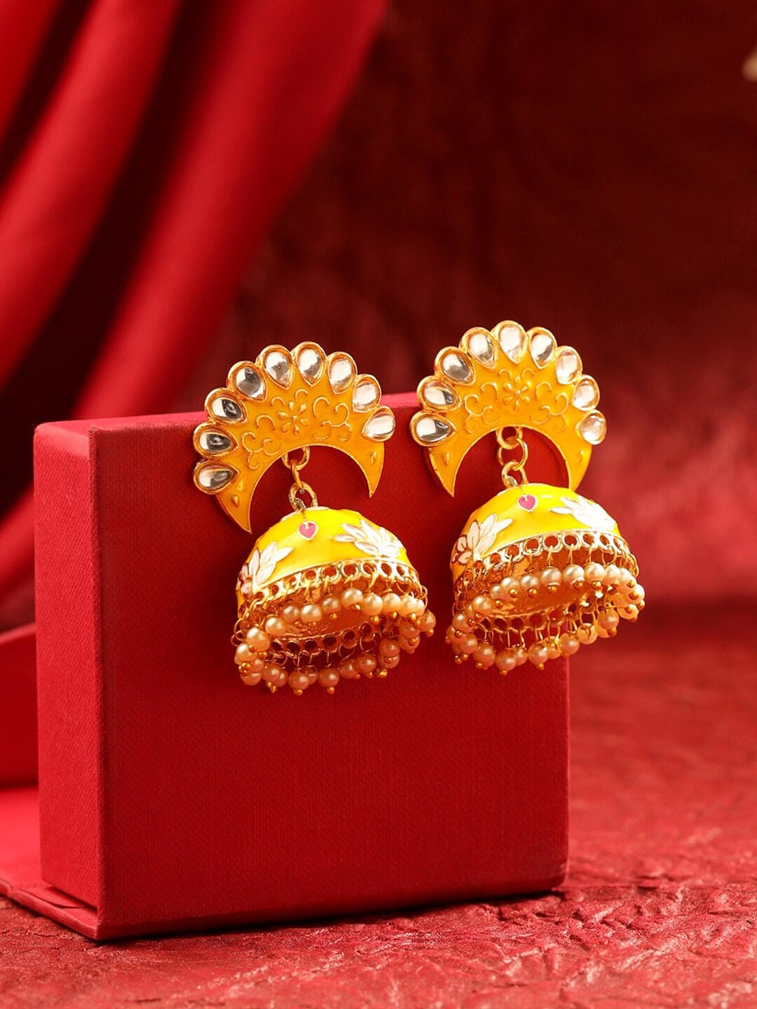 

Anouk Gold Plated Dome Shaped Kundan Studded & Beaded Jhumkas