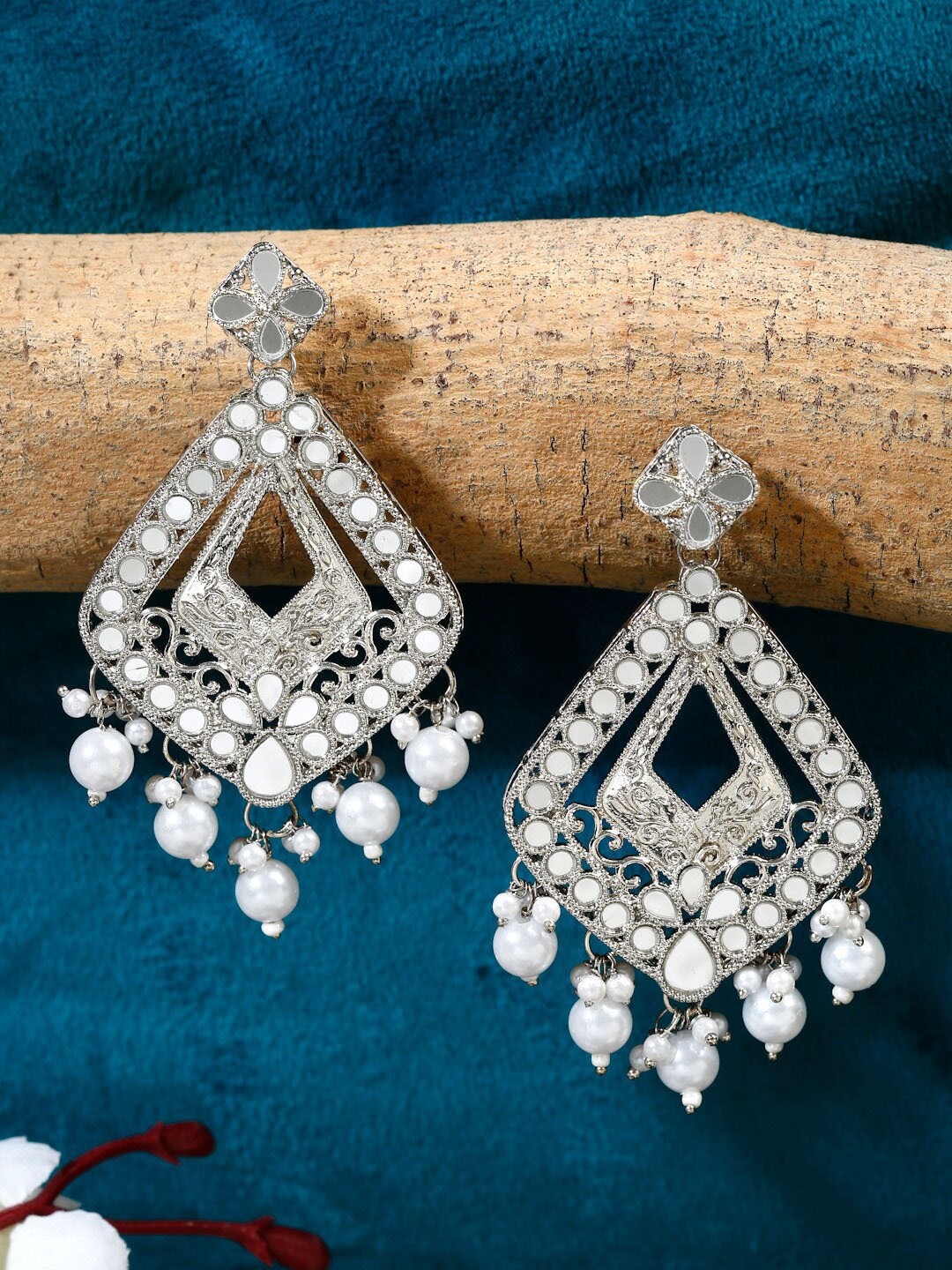 

Anouk Silver-Plated & White Oxidised Beaded Dangler Drop Earrings