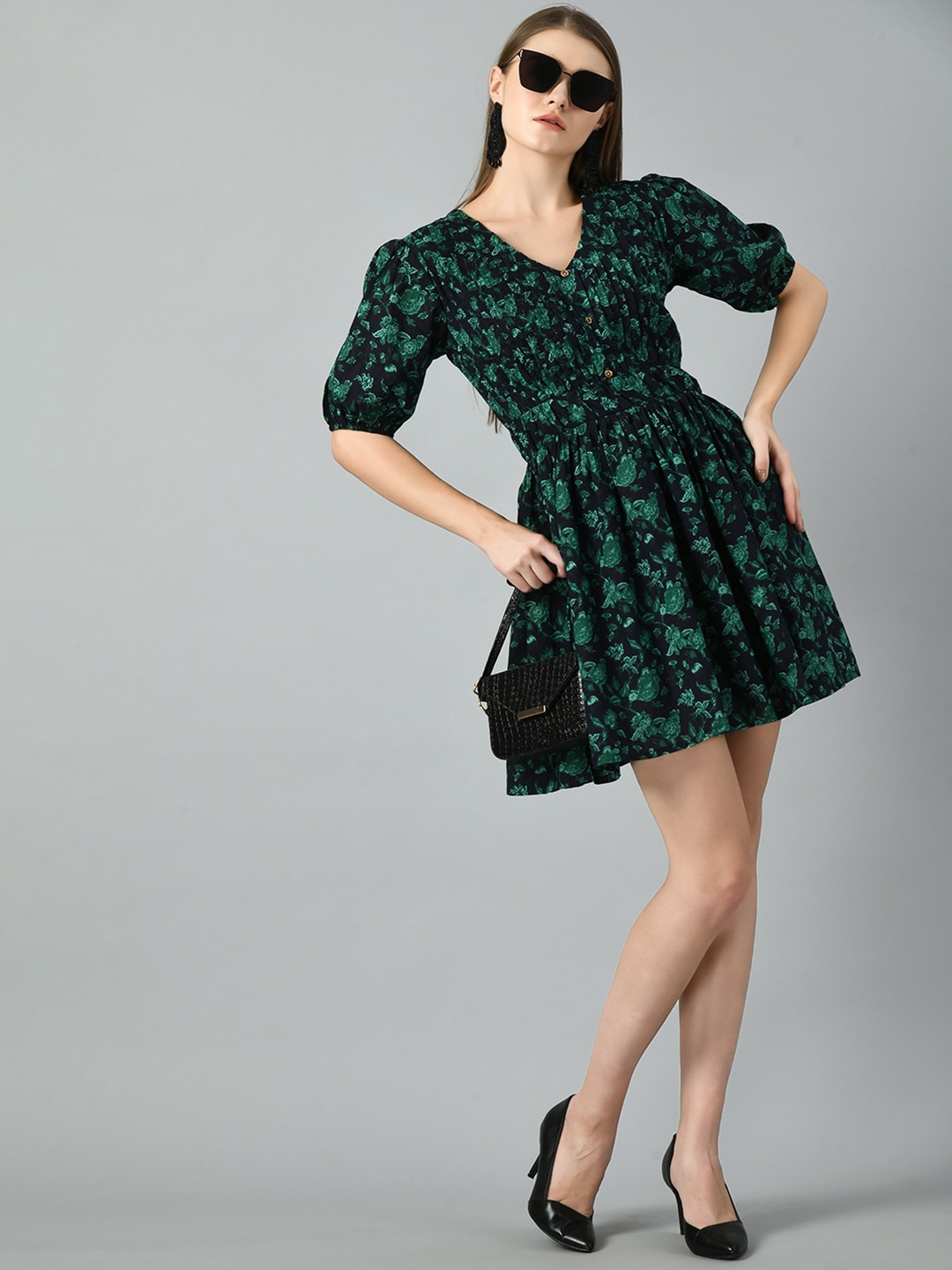 

DOISA Floral Print Puff Sleeve Fit & Flare Dress, Green