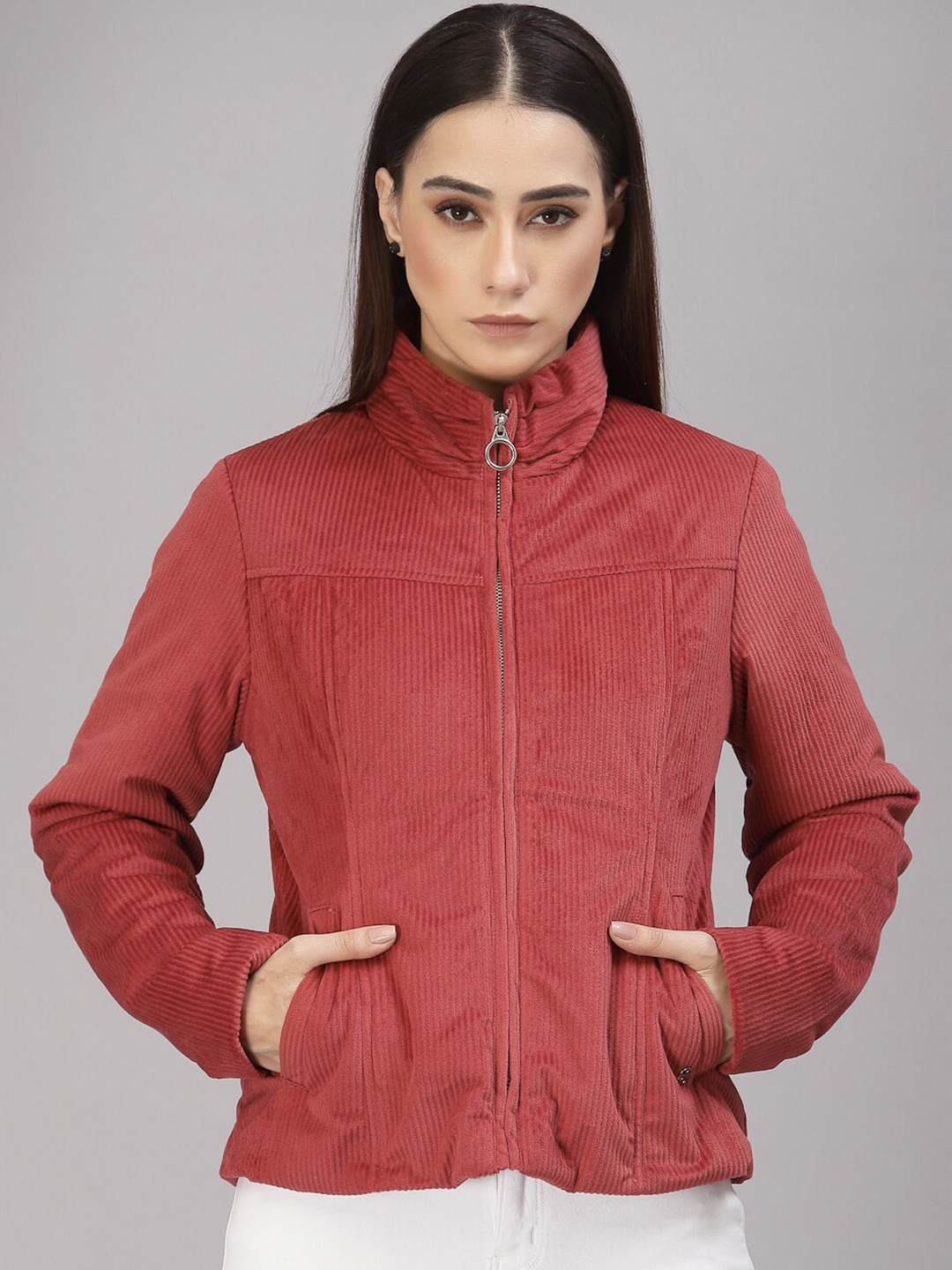 

Gipsy Self Design Mock Collar Lightweight Bomber Jacket, Red