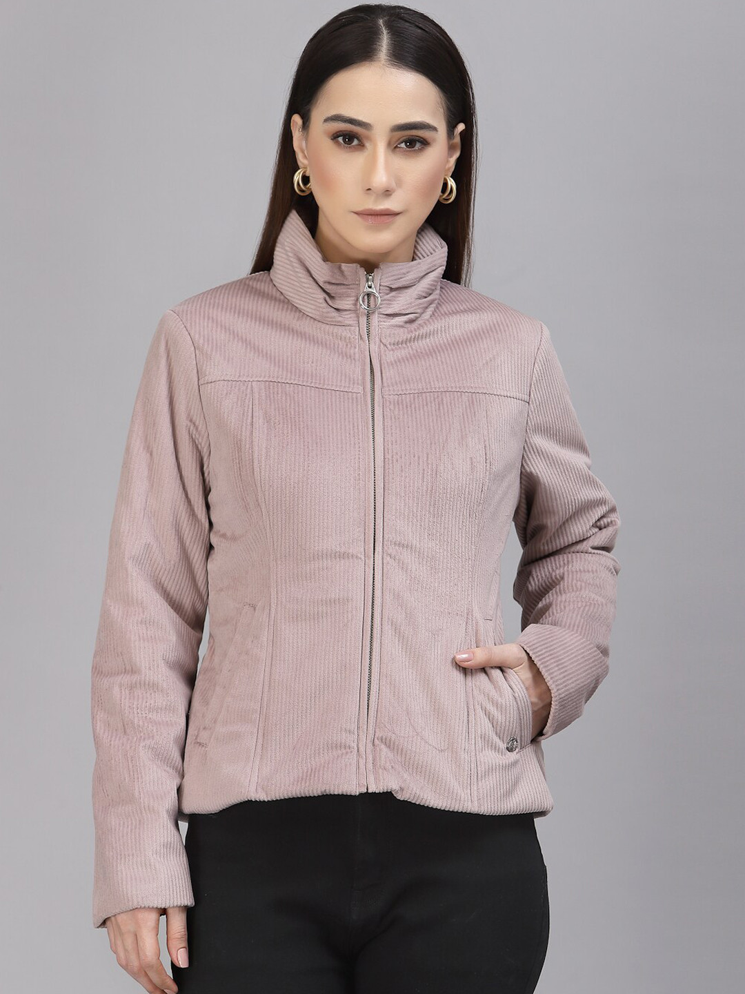 

Gipsy Self Design Mock Collar Lightweight Bomber Jacket, Mauve