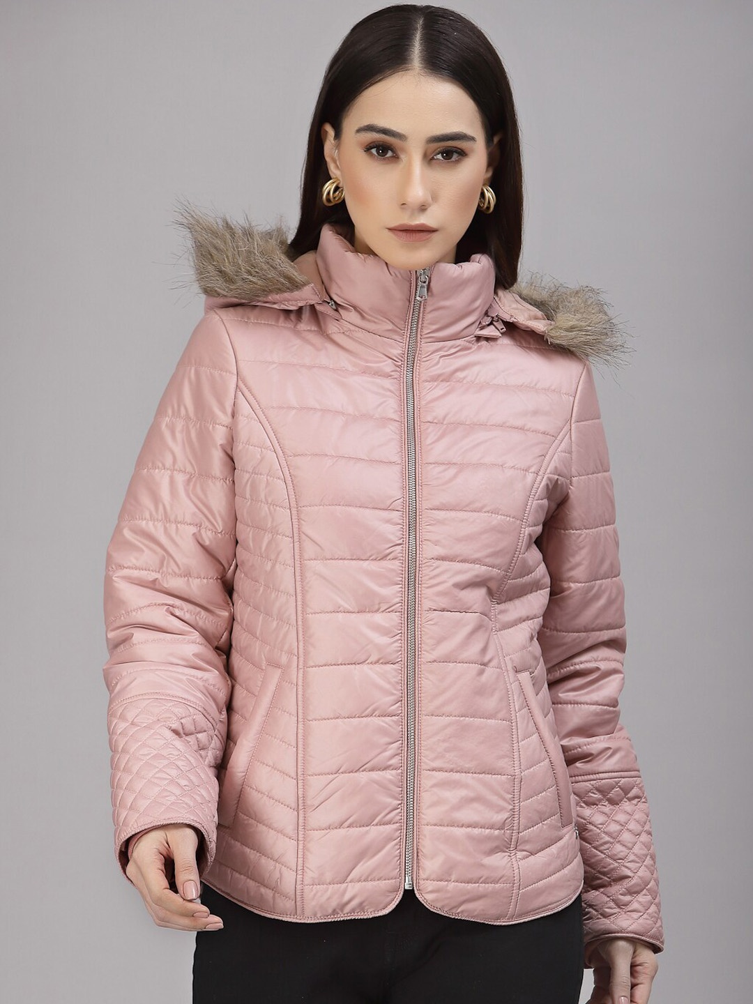 

Gipsy Lightweight Puffer Jacket With Faux Fur Trim Detail, Pink