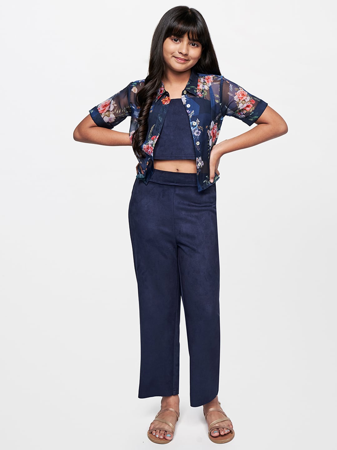 

AND Girls Printed Top With Trousers, Navy blue