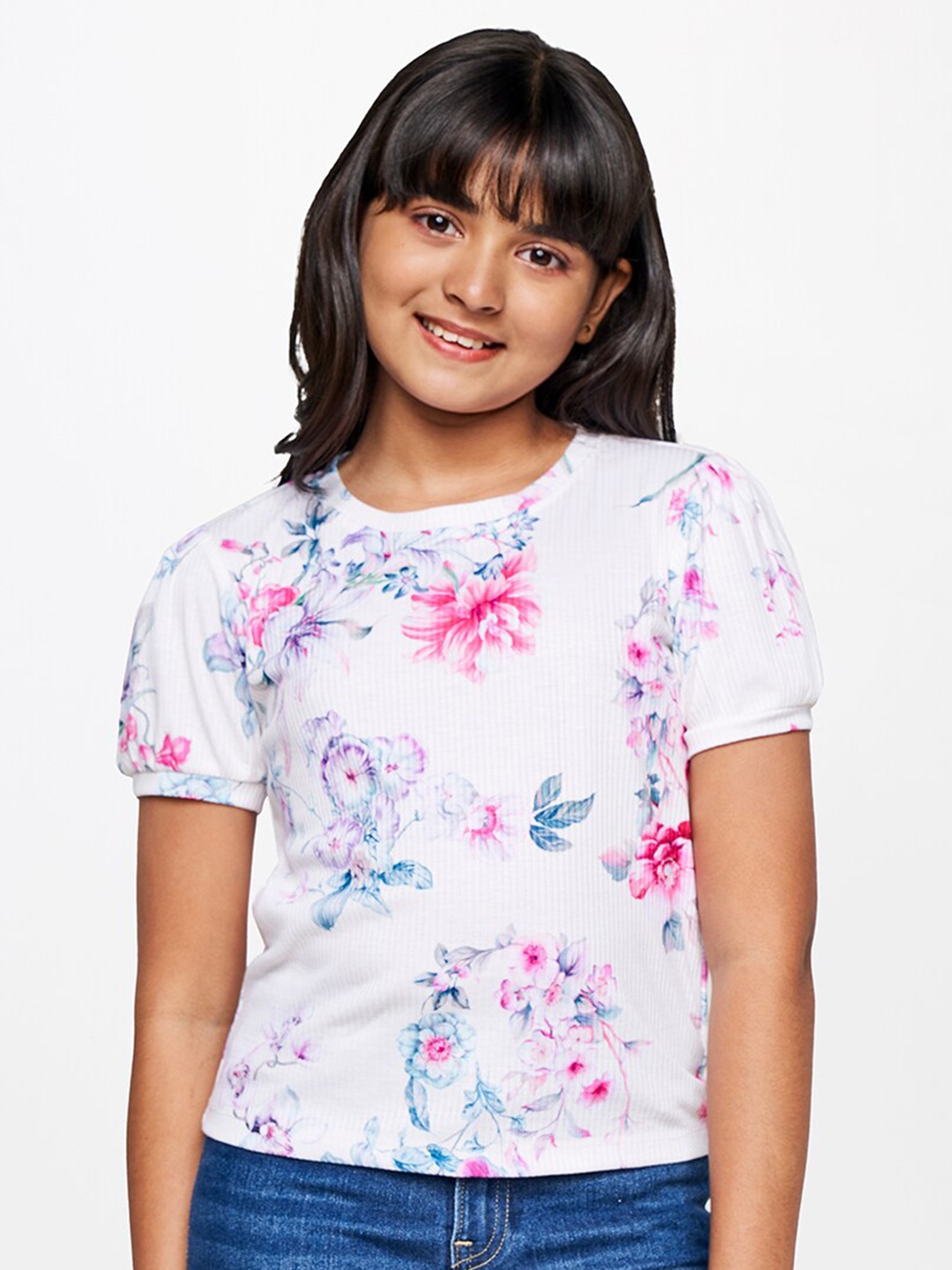 

AND Girls Floral Printed Pullover, White