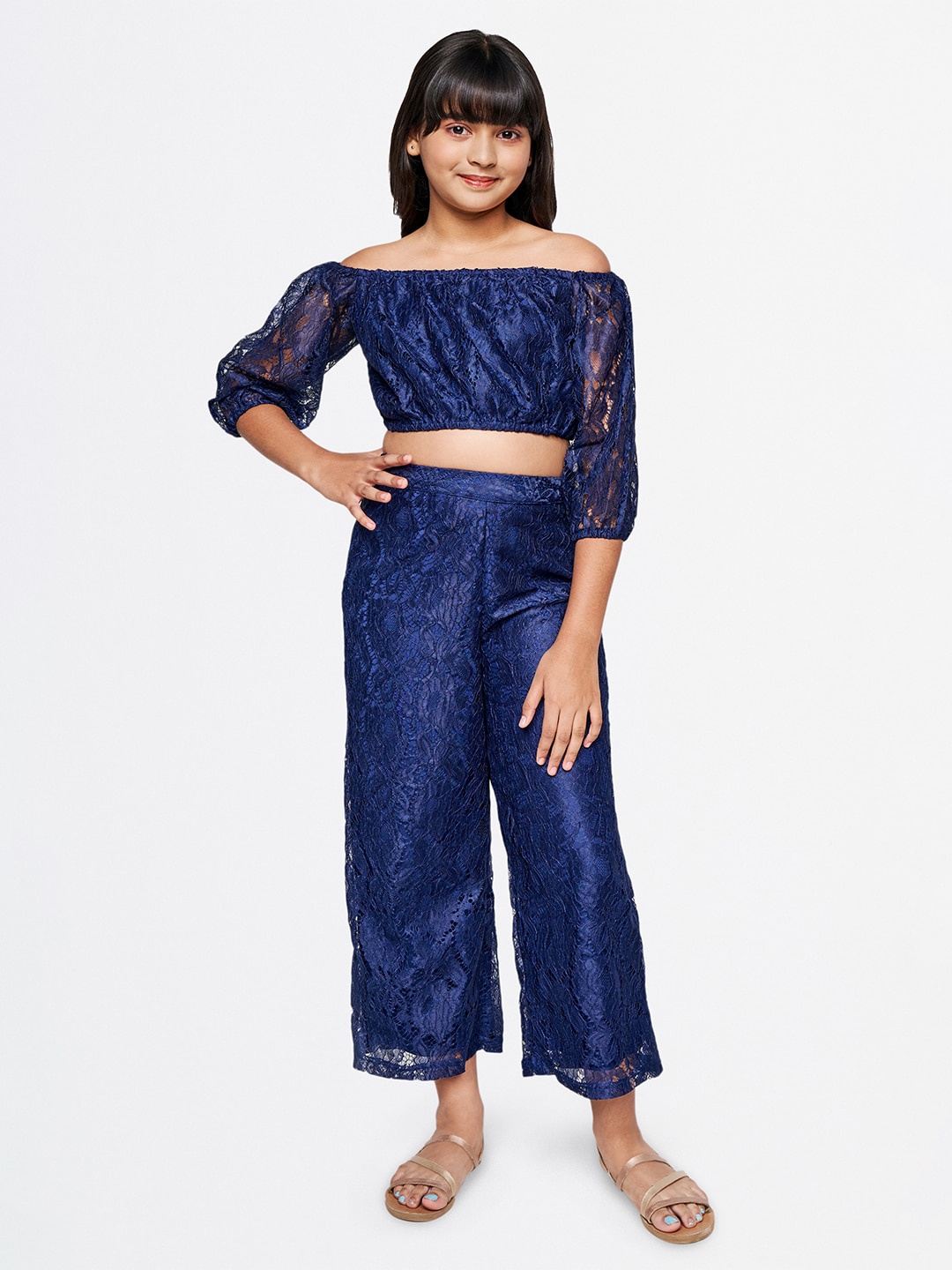 

AND Girls Off Shoulder Top With Palazzos, Navy blue