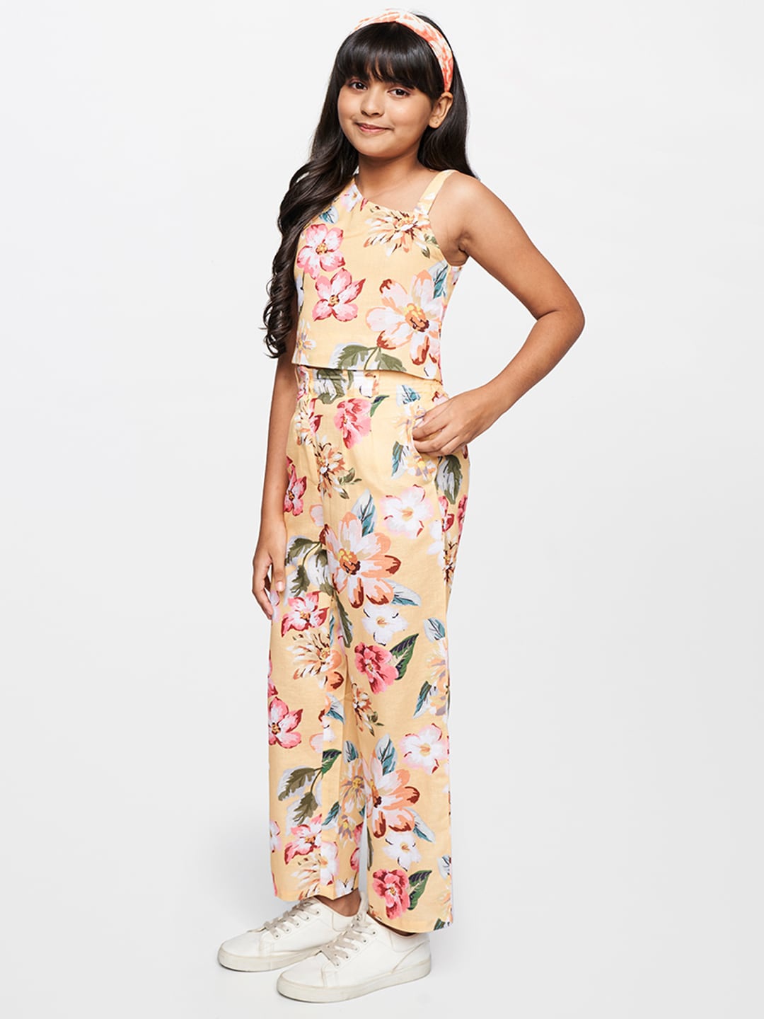 

AND Girls Floral Printed One Shoulder Top with Palazzos, Yellow