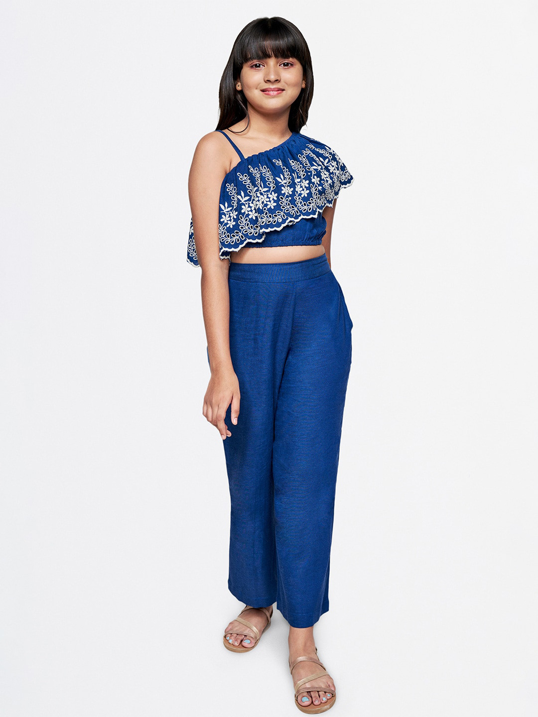 

AND Girls Floral Embroidered One Shoulder Top with Trousers, Navy blue