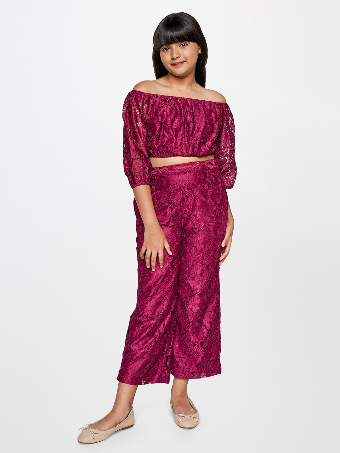 

AND Girls Self Designed Off-Shoulder Top with Palazzos, Maroon